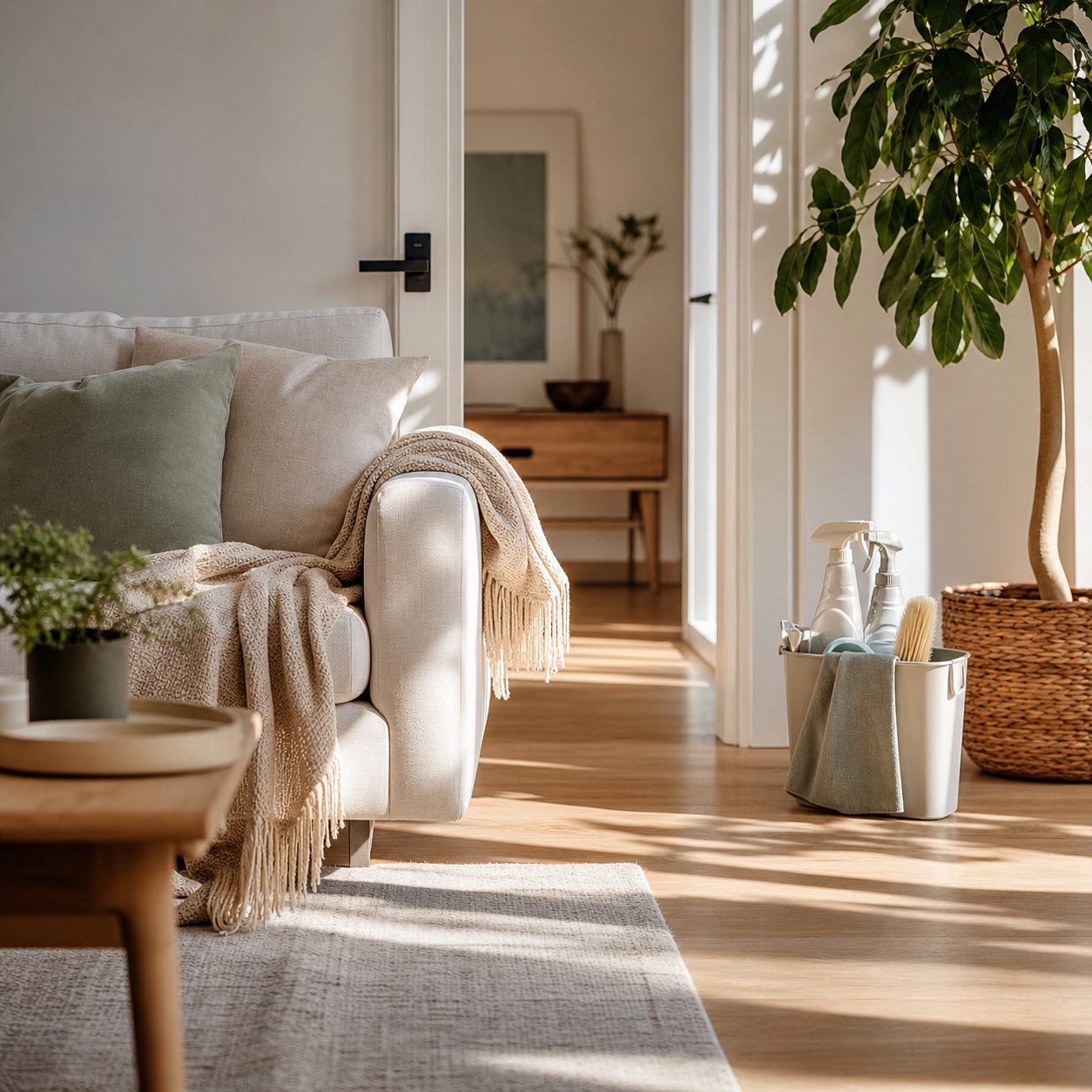 Bright living room ready for a residential cleaning visit